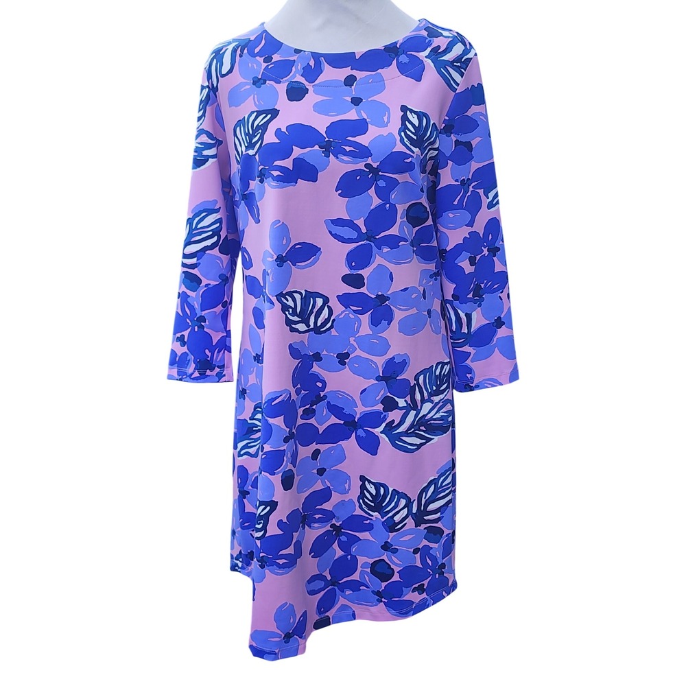 Mahi Gold Floral Shift Dress Pink Blue Purple 3/4 Sleeve Boat Neck Size M